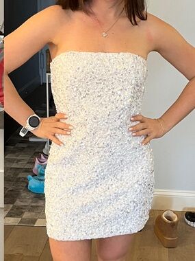 Retrofete White Sequin Strapless Mini Dress